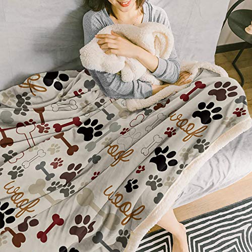 CHARMHOME Fluffy and Soft Plush Sherpa Fleece and Coral Reversible Blanket 59"x79",Cartoon Dog Footprints and Bones Throw Blanket for Children and Adult,Machine Washable Non-Shedding