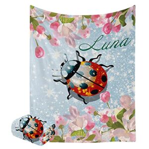personalized ladybug on pretty flower baby blanket with name text custom newborns infants swaddling blankets for boys &girls shower birthday gift 30 x 40 inches