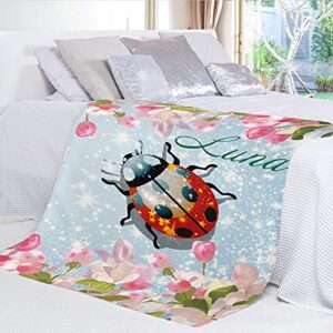 Personalized Ladybug on Pretty Flower Baby Blanket with Name Text Custom Newborns Infants Swaddling Blankets for Boys &Girls Shower Birthday Gift 30 X 40 inches