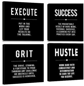 motivational grit success execute hustle quotes canvas wall art -inspirational office wall art poster quotes – canvas artwork picture print framed for home bedroom office wall decor-12 x12 x4pcs