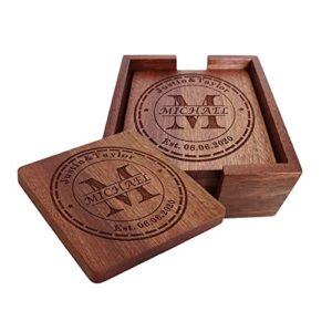 personalized coasters, custom engraved wood coasters for drinks, monogram coasters with holder, wedding gifts, parents gifts (m)