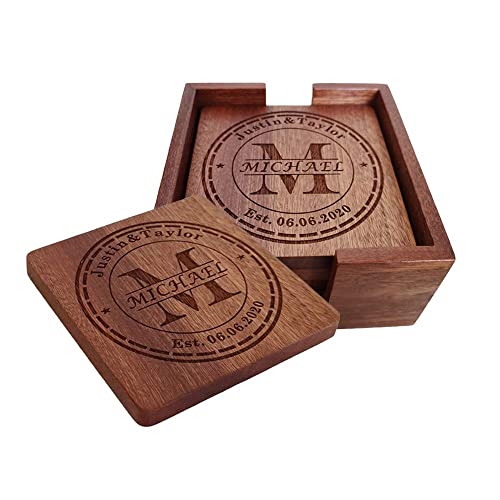 Personalized Coasters, Custom Engraved Wood Coasters for Drinks, Monogram Coasters with Holder, Wedding Gifts, Parents Gifts (M)