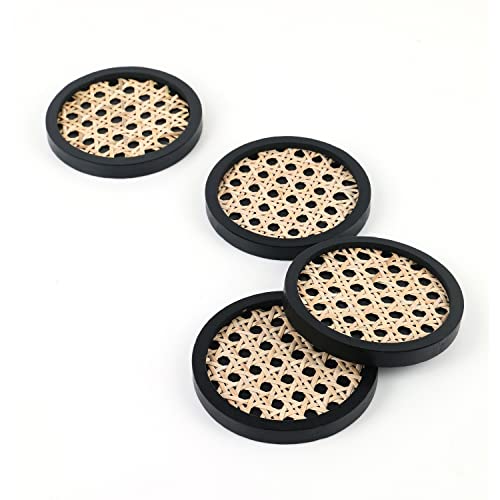 Unique Wooden Rattan Coasters | Stylish Rattan Decor to Protect Surfaces | Set of 4 | Classic Black Coasters for Drinks | Natural Handwoven Design (Round)