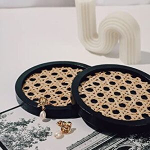 Unique Wooden Rattan Coasters | Stylish Rattan Decor to Protect Surfaces | Set of 4 | Classic Black Coasters for Drinks | Natural Handwoven Design (Round)