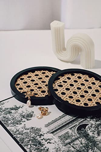 Unique Wooden Rattan Coasters | Stylish Rattan Decor to Protect Surfaces | Set of 4 | Classic Black Coasters for Drinks | Natural Handwoven Design (Round)