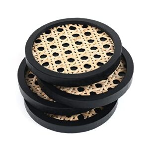 Unique Wooden Rattan Coasters | Stylish Rattan Decor to Protect Surfaces | Set of 4 | Classic Black Coasters for Drinks | Natural Handwoven Design (Round)