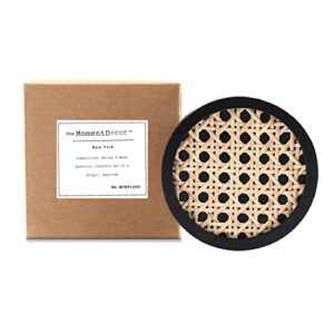 Unique Wooden Rattan Coasters | Stylish Rattan Decor to Protect Surfaces | Set of 4 | Classic Black Coasters for Drinks | Natural Handwoven Design (Round)