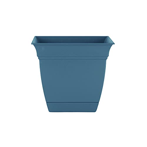 The HC Companies 8 Inch Eclipse Square Planter with Saucer - Indoor Outdoor Plant Pot for Flowers, Vegetables, and Herbs, Slate Blue