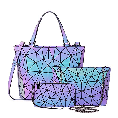 Geometric Luminous Purses and Handbags for Women Holographic Reflective Bag Backpack Wallet Clutch Set Medium