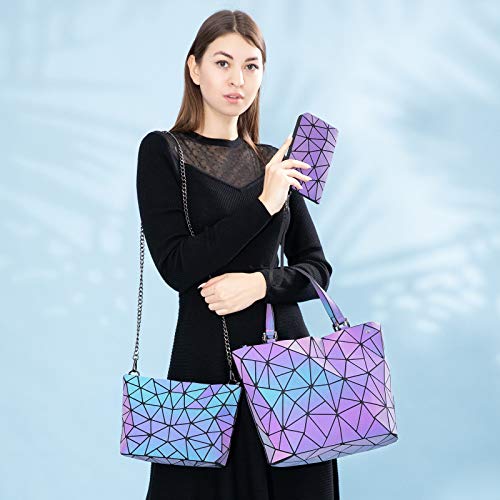 Geometric Luminous Purses and Handbags for Women Holographic Reflective Bag Backpack Wallet Clutch Set Medium