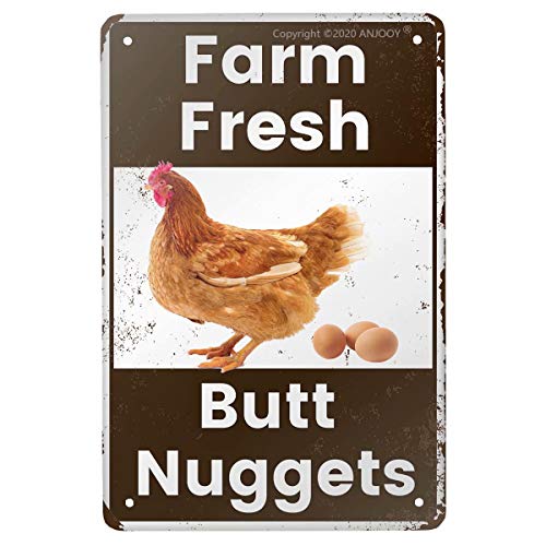 ANJOOY Vintage Metal Tin Sign - Farm Fresh Butt Nuggets -Chicken Egg Sale Market Farm Barn Bathroom Yardr Themed Gifts Rustic Poster Art Retro Decor 8x12 Inch
