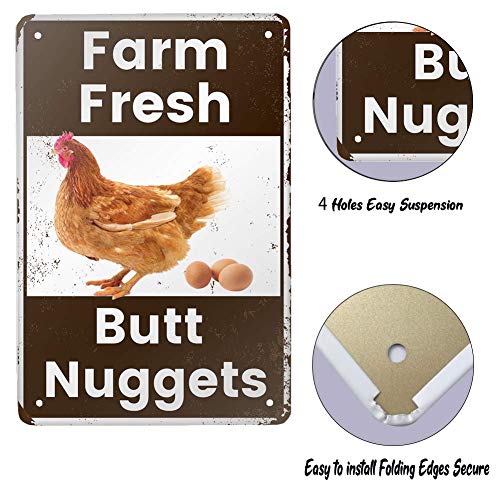 ANJOOY Vintage Metal Tin Sign - Farm Fresh Butt Nuggets -Chicken Egg Sale Market Farm Barn Bathroom Yardr Themed Gifts Rustic Poster Art Retro Decor 8x12 Inch