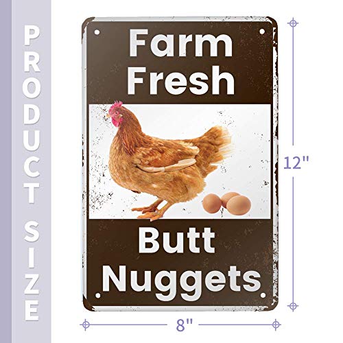 ANJOOY Vintage Metal Tin Sign - Farm Fresh Butt Nuggets -Chicken Egg Sale Market Farm Barn Bathroom Yardr Themed Gifts Rustic Poster Art Retro Decor 8x12 Inch