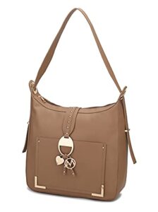 mkf hobo bag for women – pu leather shoulder purse pocketbook fashion – top handle multi pocket handbag taupe