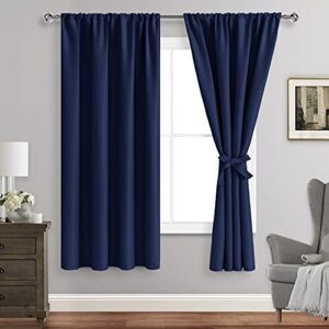 jiuzhen blackout curtains for bedroom – thermal insulated room darkening noise reducing, 42 x 63 inch length curtains for living room, set of 2 panels with tiebacks, navy blue