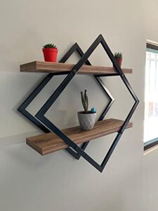 diamond shape metal frame wall mount rustic shelf. mid century modern 2 tier wall shelf