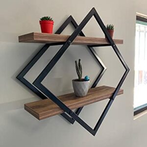 Diamond Shape Metal Frame Wall Mount Rustic Shelf. Mid Century Modern 2 Tier Wall Shelf