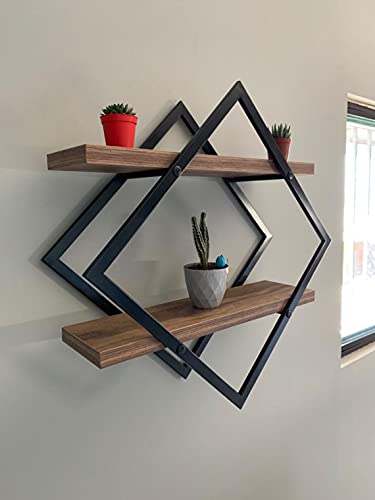 Diamond Shape Metal Frame Wall Mount Rustic Shelf. Mid Century Modern 2 Tier Wall Shelf