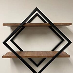 Diamond Shape Metal Frame Wall Mount Rustic Shelf. Mid Century Modern 2 Tier Wall Shelf