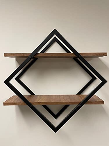 Diamond Shape Metal Frame Wall Mount Rustic Shelf. Mid Century Modern 2 Tier Wall Shelf