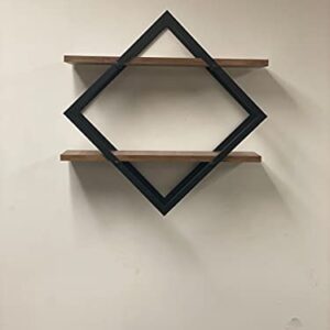 Diamond Shape Metal Frame Wall Mount Rustic Shelf. Mid Century Modern 2 Tier Wall Shelf