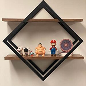 Diamond Shape Metal Frame Wall Mount Rustic Shelf. Mid Century Modern 2 Tier Wall Shelf