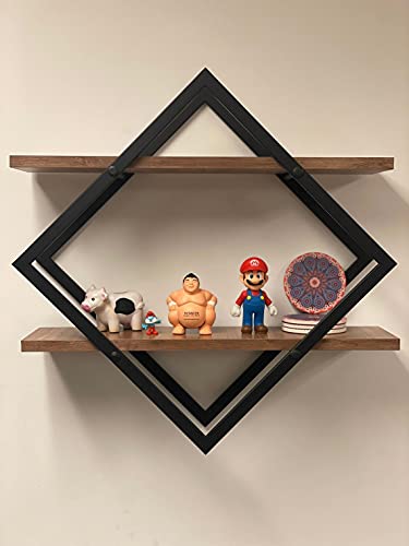 Diamond Shape Metal Frame Wall Mount Rustic Shelf. Mid Century Modern 2 Tier Wall Shelf