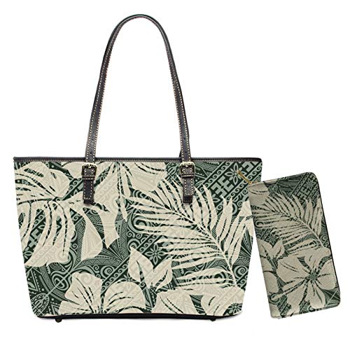 STUOARTE Green Wallets Women Leather Purse Tropical Flowers Leaves Pattern Shoulder Bags, Travel Money Bag Clip Zipper Handbags Girls Party Clutch Bags Water Resistant Tote Bag