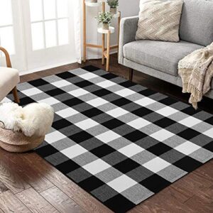 Buffalo Plaid Rug 3' x 5' Buffalo Check Rug Cotton Black and White Washable Checkered Outdoor Rug Carpet for Farmhouse Living Room/Dining Room/Bedroom