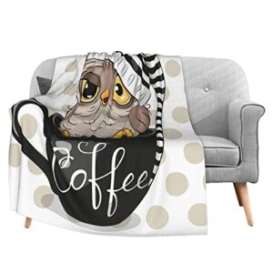 cute cartoon owl cup of coffee flannel fleece throw blanket living room/bedroom/sofa couch warm soft bed blanket for kids adults all season 50×60 inch