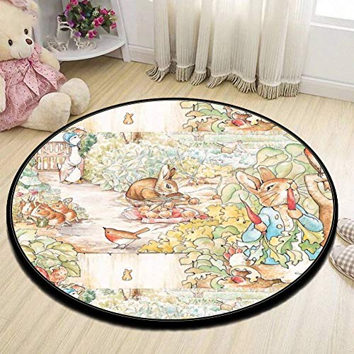 Round Area Rug Kids Carpet Playmat Non-Slip Throw Runner Rug The World of Beatrix Potter Large Vintage Illustration Indoor Floor Carpet Door Mat for Bedroom Living Room Home Decor