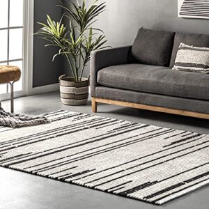 nuloom carling soft shaggy textured contemporary stripes fringe area rug, 3′ x 5′, beige