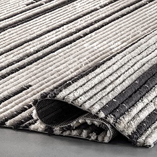 nuLOOM Carling Soft Shaggy Textured Contemporary Stripes Fringe Area Rug, 3' x 5', Beige