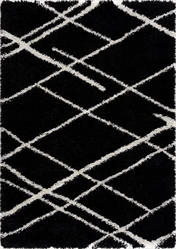 L'Baiet Allison Black White Geometric Diamond Pattern Modern Soft Shag Indoor 8' x 10' Area Rug