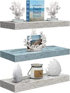 sorbus floating shelf set – rustic engineered wood coastal beach style hanging rectangle wall shelves for home décor, trophy display, photo frames, etc.(blue/white, 3 pack)