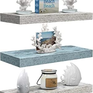 Sorbus Floating Shelf Set - Rustic Engineered Wood Coastal Beach Style Hanging Rectangle Wall Shelves for Home Décor, Trophy Display, Photo Frames, etc.(Blue/White, 3 Pack)