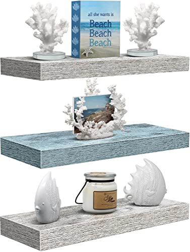 Sorbus Floating Shelf Set - Rustic Engineered Wood Coastal Beach Style Hanging Rectangle Wall Shelves for Home Décor, Trophy Display, Photo Frames, etc.(Blue/White, 3 Pack)