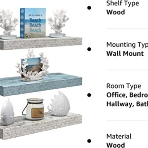 Sorbus Floating Shelf Set - Rustic Engineered Wood Coastal Beach Style Hanging Rectangle Wall Shelves for Home Décor, Trophy Display, Photo Frames, etc.(Blue/White, 3 Pack)