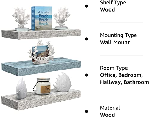 Sorbus Floating Shelf Set - Rustic Engineered Wood Coastal Beach Style Hanging Rectangle Wall Shelves for Home Décor, Trophy Display, Photo Frames, etc.(Blue/White, 3 Pack)