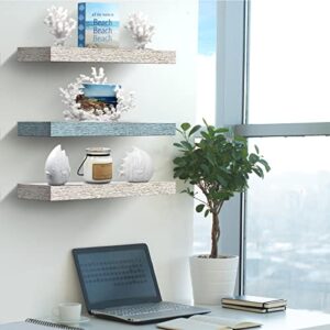 Sorbus Floating Shelf Set - Rustic Engineered Wood Coastal Beach Style Hanging Rectangle Wall Shelves for Home Décor, Trophy Display, Photo Frames, etc.(Blue/White, 3 Pack)