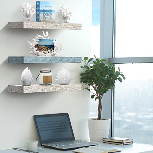 Sorbus Floating Shelf Set - Rustic Engineered Wood Coastal Beach Style Hanging Rectangle Wall Shelves for Home Décor, Trophy Display, Photo Frames, etc.(Blue/White, 3 Pack)