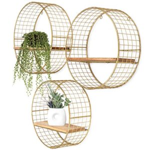 kimisty set of 3 gold round floating shelves, circular wall shelves as boho bathroom, living room, kitchen & bedroom decor, metal wire mesh sconce shelf, circle accent display