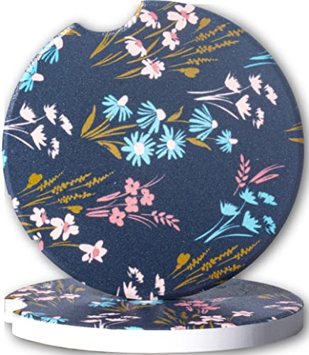 Yeeper 2.56" Ceramic Car Coasters for Cup Holder - Set of 2 Pack, Ceramic Stone Easy Removal of Auto Cup Holder Coaster for Women, Blue Flower Floral Car Decor Accessories