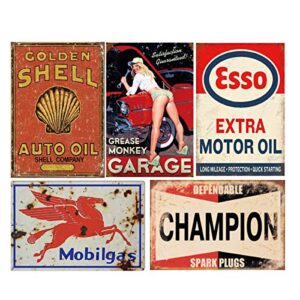 tin signs 5 pieces reproduction vintage, gas oil metal signs, home kitchen man cave bar garage wall decor, 8×12 inch