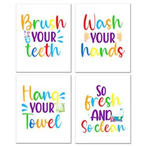WhatSign Funny Bathroom Quote Art Print, Kids Bathroom Decor,Farmhouse Bathroom Decor,Bathroom Rules Typography,Signs & Rules Decorations ,Set of 4, 8" x 10", Unframed