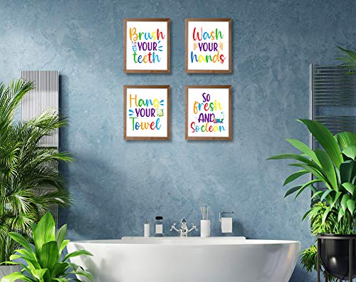WhatSign Funny Bathroom Quote Art Print, Kids Bathroom Decor,Farmhouse Bathroom Decor,Bathroom Rules Typography,Signs & Rules Decorations ,Set of 4, 8" x 10", Unframed