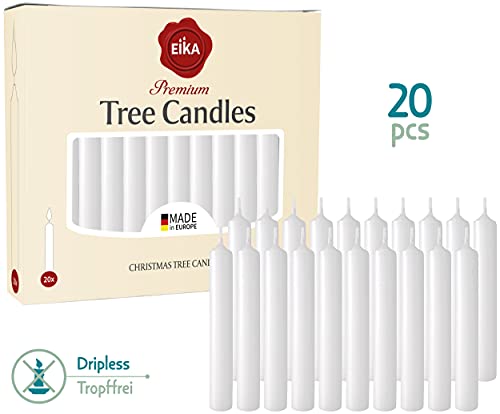 Eika Premium Christmas Tree Candles - Set of 20 Traditional Christmas Wax Candles for Pyramids, Carousels & Chimes - Made in Europe - Solid Colored - White