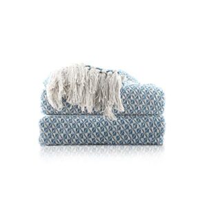 Outdoor Throw Blanket with White Tassel - 50x60 Inches 100% Cotton Farmhouse Throws Decorative Soft Boho Blankets - Aqua Blue