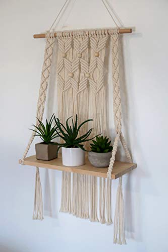 Macrame Shelf - Cute Macrame Hanging Shelf - 1 Tier Macrame Shelf Hanging Ideal for Bohemian Wall Decor to Display Plants, Artwork Pictures Books and Home Decor Items