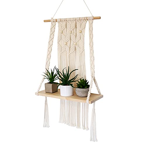 Macrame Shelf - Cute Macrame Hanging Shelf - 1 Tier Macrame Shelf Hanging Ideal for Bohemian Wall Decor to Display Plants, Artwork Pictures Books and Home Decor Items